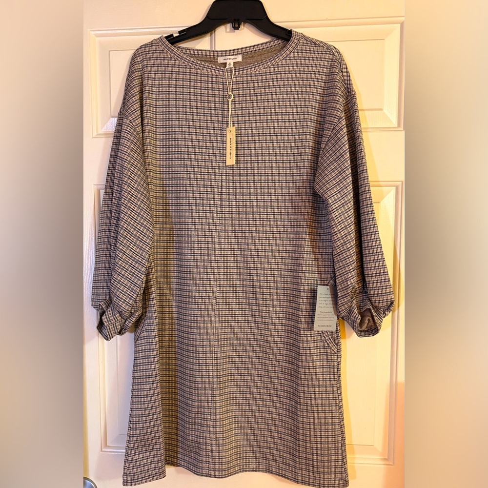 Tan and Brown Sheath Dress with 3/4 Cuffed Sleeves and Crew Neck for Work